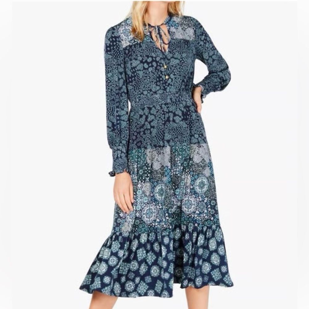 Michael Kors Multi-Print  Bohemian Peasant Dress True Navy/Sea Green Sz M